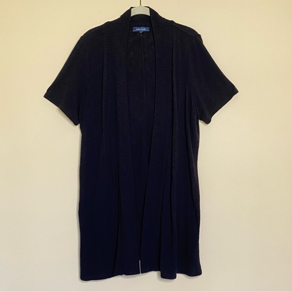 Laila Jayde Open Front Long Cardigan 1X Short Sleeve Duster Light Weight Black‎